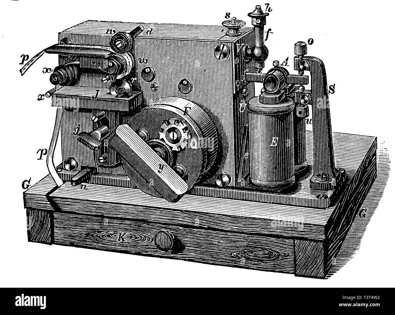 Récepteur Morse, Normalfarbschreiber allemand, 1880, gravure sur bois historique, Allemagne Banque D'Images