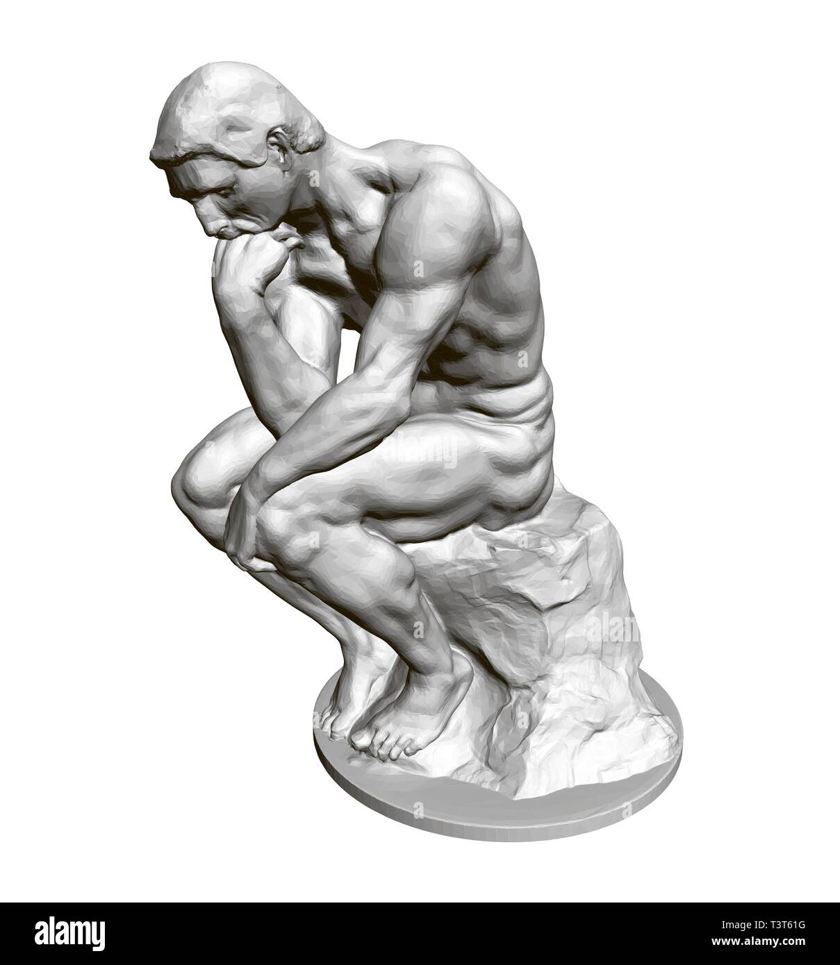 Sculpture Penseur. 3D. Statue d'un homme assis posant sa main à son visage. Vector illustration Illustration de Vecteur