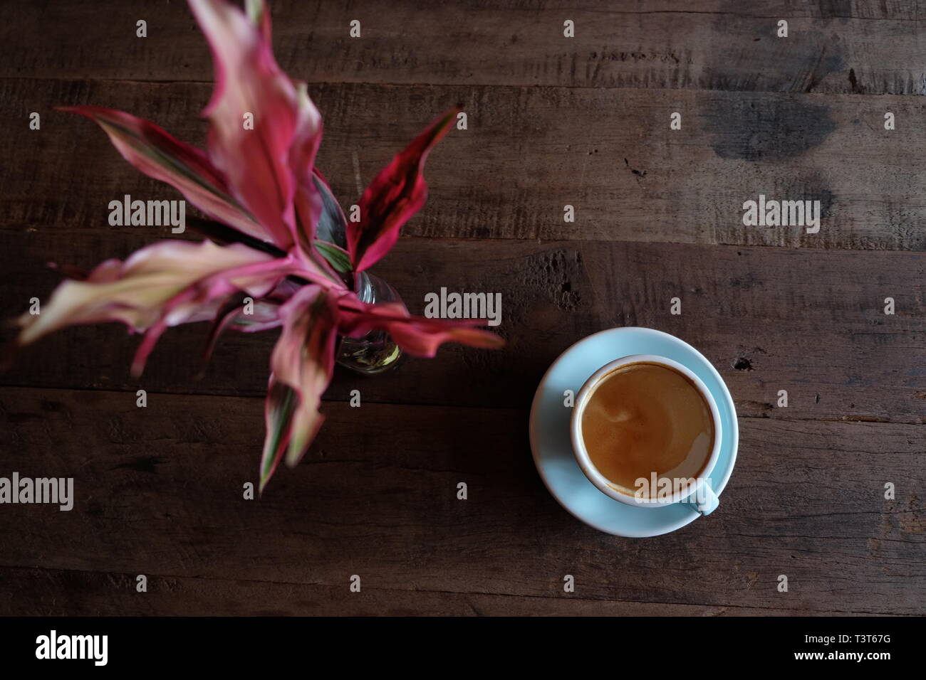 Cappuccino ou latte avec mousse écumeuse, blue Coffee cup top sur fond café en bois Banque D'Images