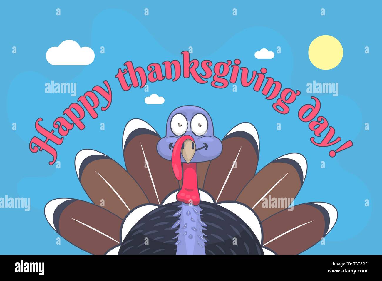 Illustration vectorielle plate de joyeux Thanksgiving jour il montre un mignon dessin animé turquie avec les yeux largement ouverts l'oiseau a un marron, rouge, noir et bleu Illustration de Vecteur