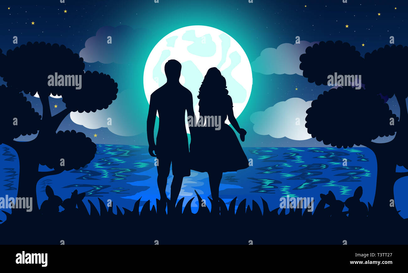 Illustration romantique sous la lune. Silhouette de couple holding hands together in forest sur blue night background. Concept d'amour. Banque D'Images