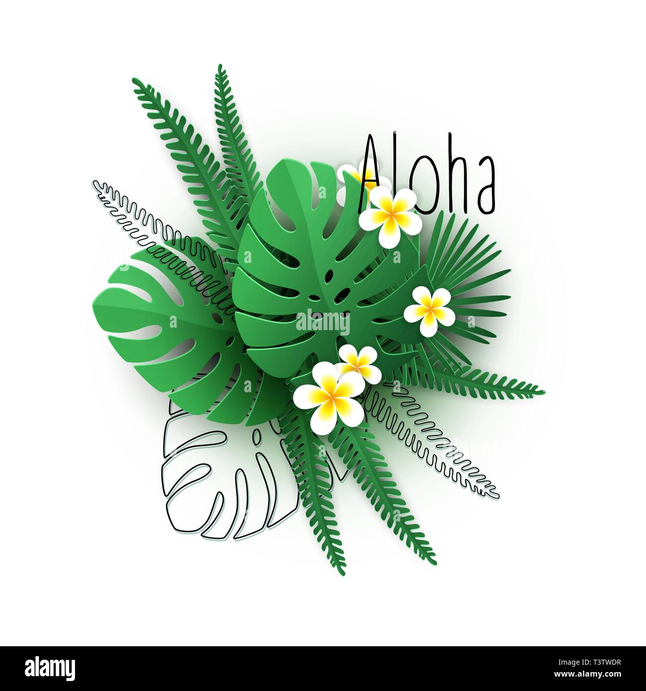 Aloha Hawaii tropical plantes, feuilles et fleurs. Illustration de Vecteur