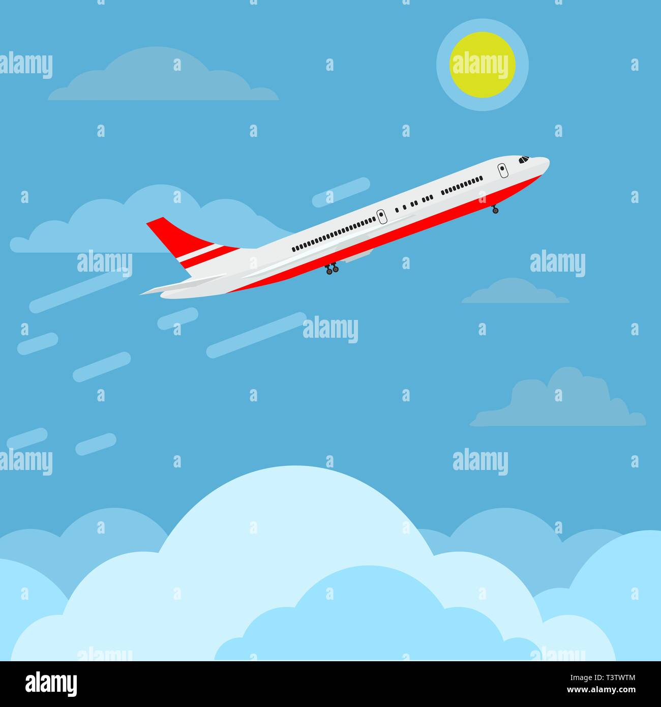 Vol d'un avion au ciel au-dessus des nuages de plus en plus haut de page. Annonces Travel concept design. Vector illustration couleur à plat. Illustration de Vecteur