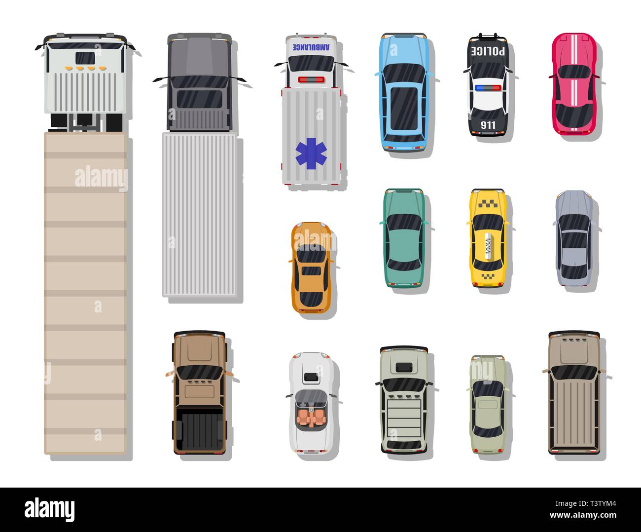 Collection de différents véhicules. Roadster, taxi, police, ambulance SUV, berline, camion. Location pour le transport, le fret et les services d'urgence. Vue d'en haut. V Illustration de Vecteur