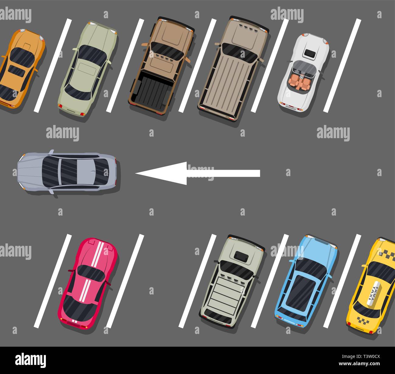 City parking avec différentes voitures. Manque de stationnement. Zone de parking Vue supérieure avec divers véhicules. Sedan, roadster, suv, sport auto, camionnette. V Illustration de Vecteur