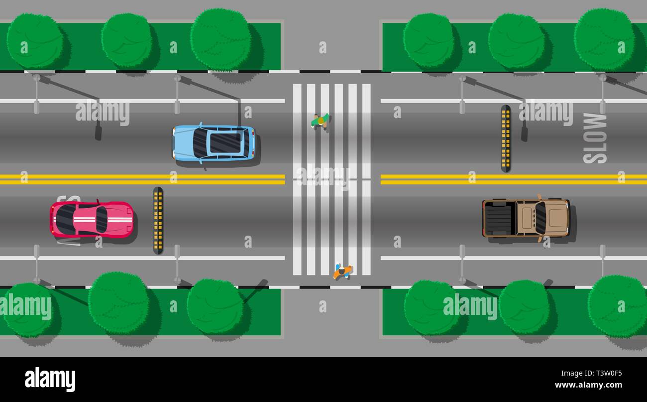 Passage pour piétons avec ralentisseur. Véhicules sur Route. Les voitures en attente de personnes de traverser la rue. Les règles de la circulation. Règles de la route. À l'autoroute Illustration de Vecteur