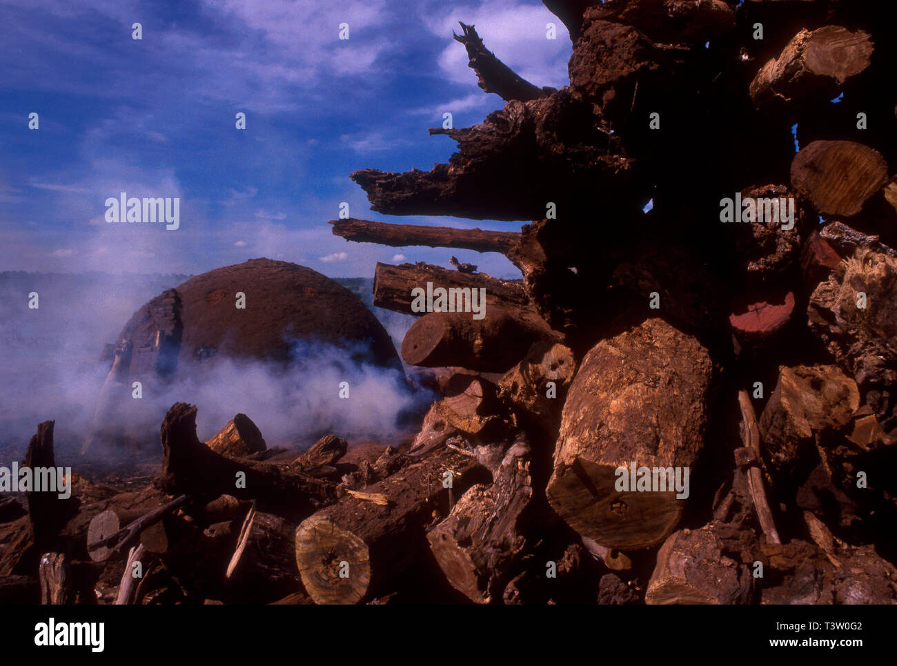 La production de charbon végétal pour être utilisé comme combustible pour produire de la fonte brute - le produit intermédiaire de la fonte de minerai de fer - augmente la déforestation biome Cerrado - l'État du Mato Grosso do Sul, centre-ouest du Brésil. Aciéries modernes et d'une ligne de fer de réduction du fer en fusion le transfert des plantes à l'aide d'une louche pour une utilisation immédiate dans les fours d'acier. Banque D'Images