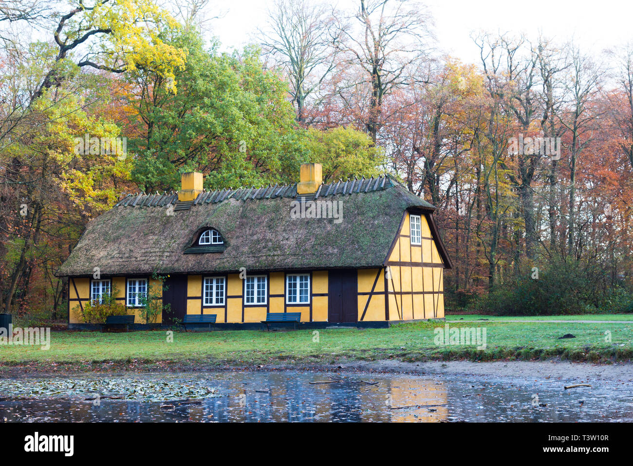 Vieille maison à pans de bois jaune avec toit de chaume en Charlottenlund forêt, Danemark Banque D'Images