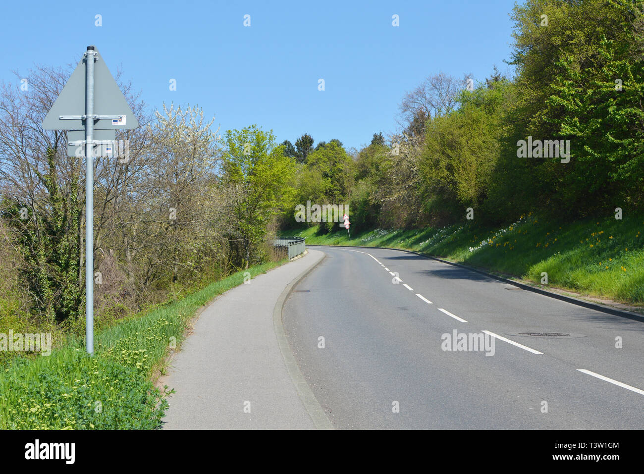 La route sinueuse avec sentier étroit sur le côté, entouré d'arbres qui ont précédé l'Odenwald allemand gamme montagne Banque D'Images