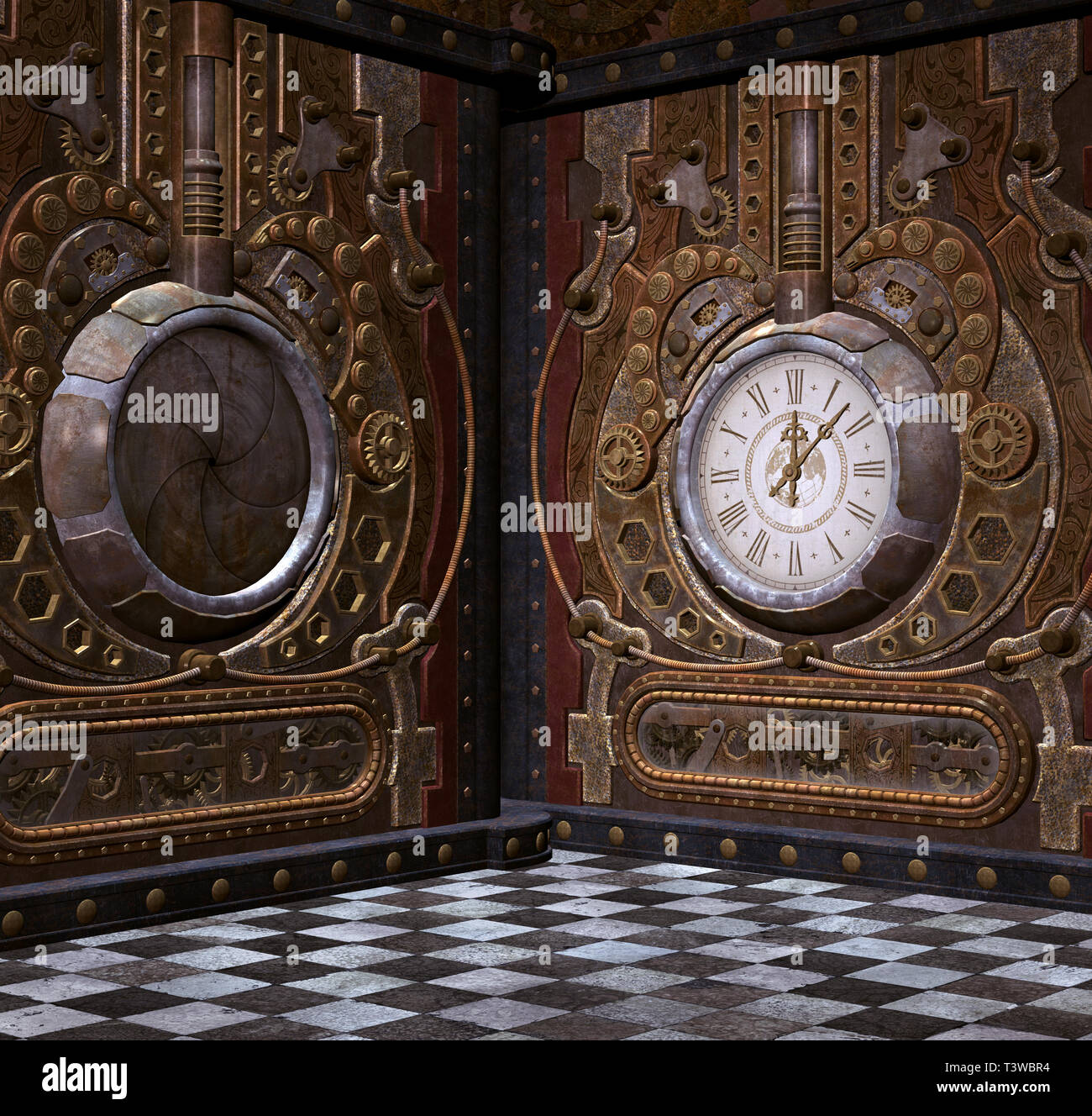 Background Steampunk avec deux horloges dans une salle vide Banque D'Images