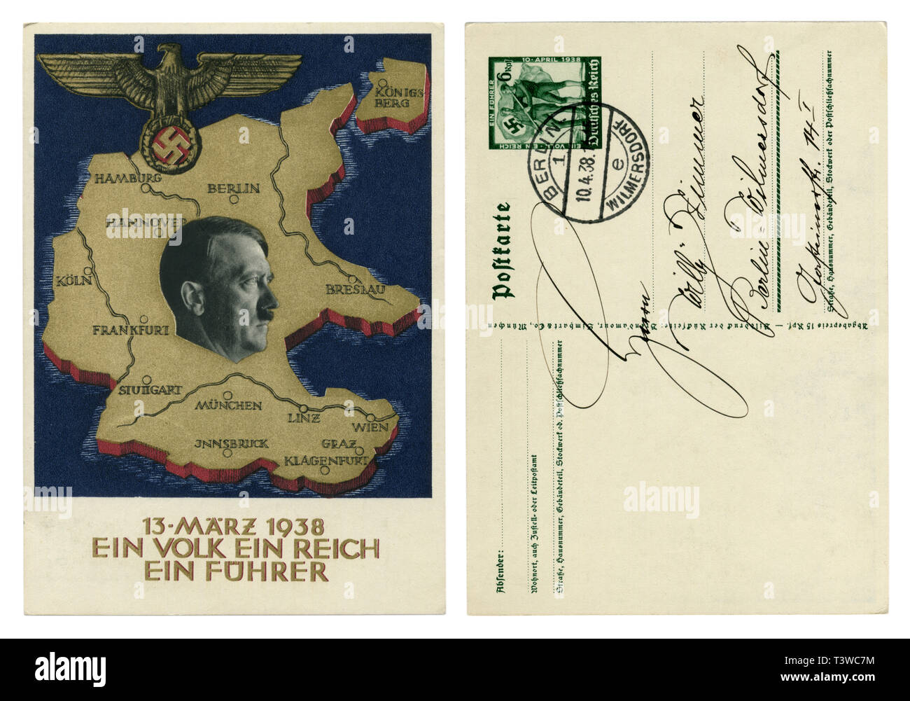 Carte postale historique allemand : un plébiscite sur la question de l'annexion de l'Autriche, 1938, face arrière, l'écriture avec boucles, l'Allemagne, Troisième Reich Banque D'Images