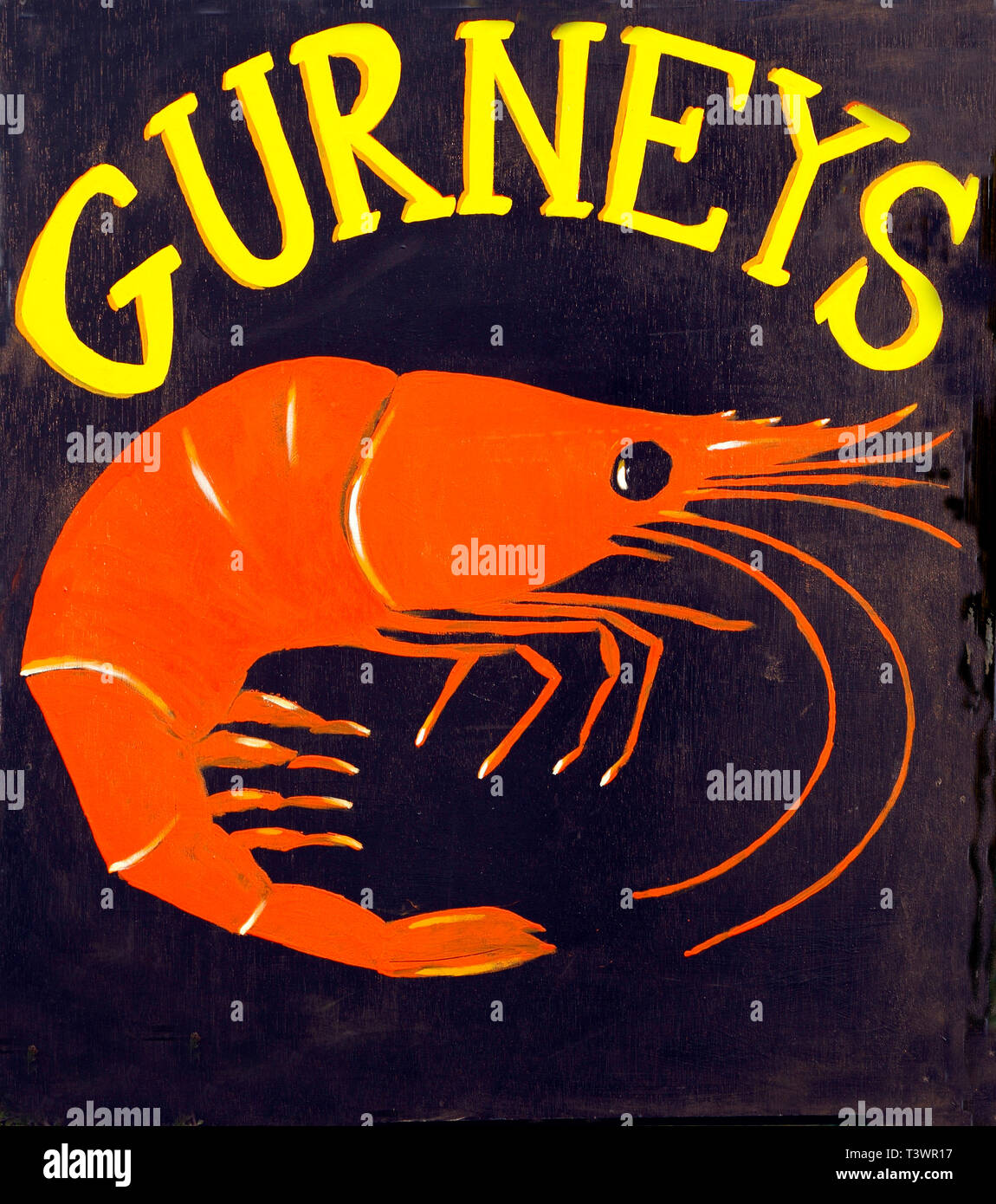 Des civières, des fruits de mer, boutique, signe, crevette, de vergers a Farmshop, Thornham, Norfolk, UK Banque D'Images