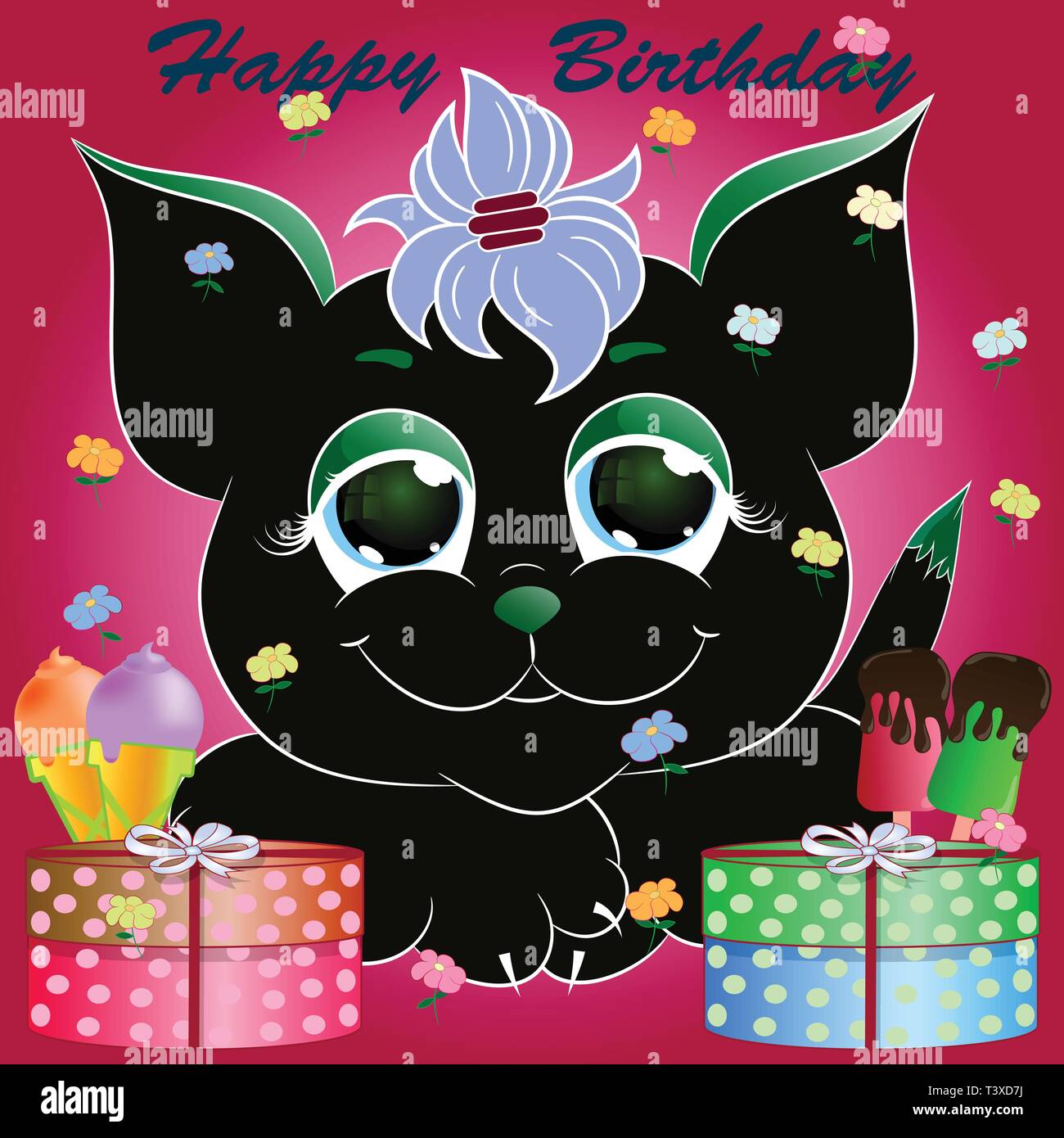 Chat Noir Cartoon Carte De Vœux Vector Illustration Carte D Anniversaire Image Vectorielle Stock Alamy