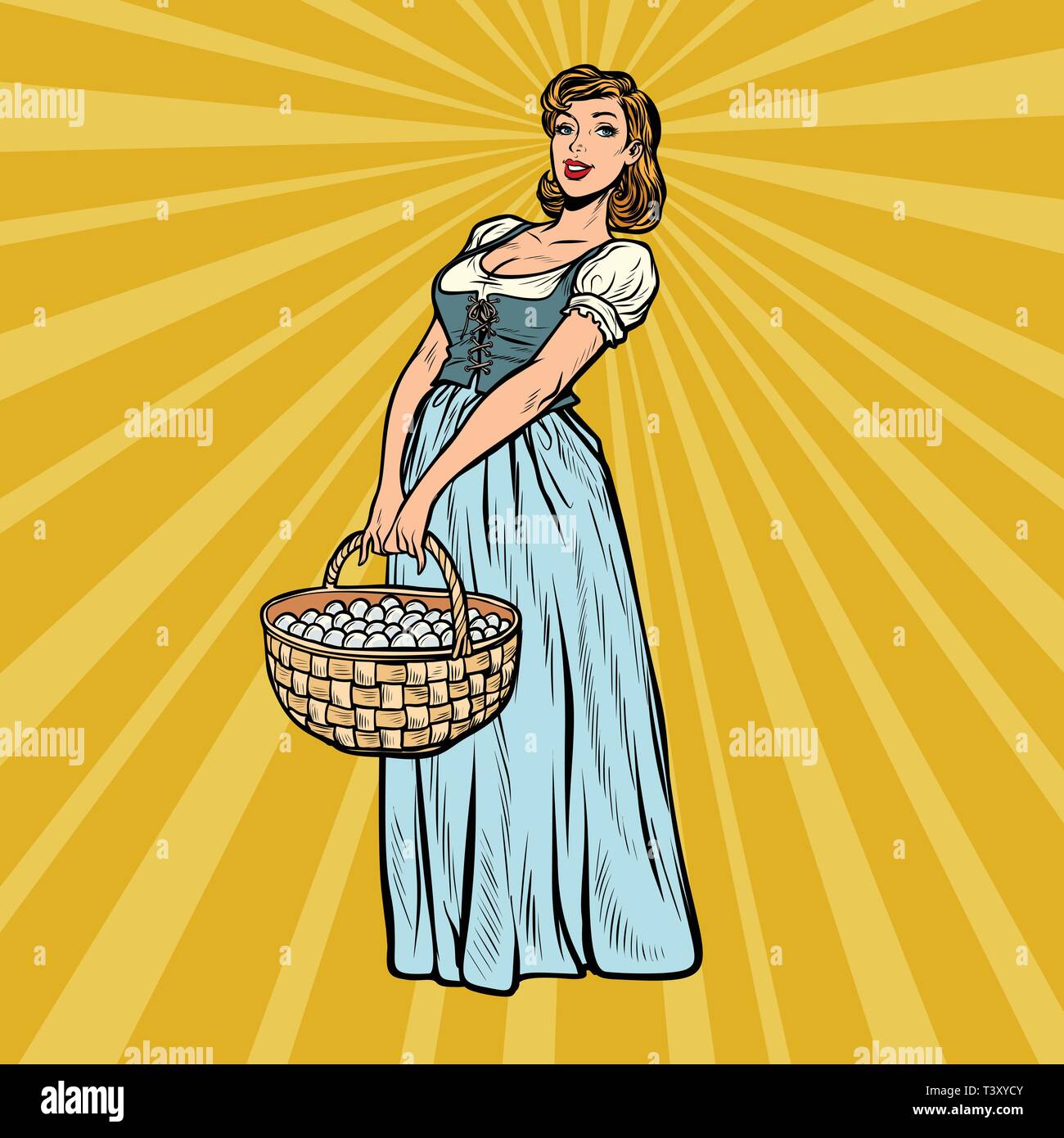 Village femme avec un panier d'œufs. Pop art retro vector illustration vintage kitsch 50s 60s Illustration de Vecteur