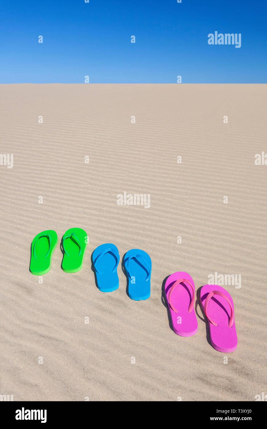 Tongs colorées on sand dune Banque D'Images