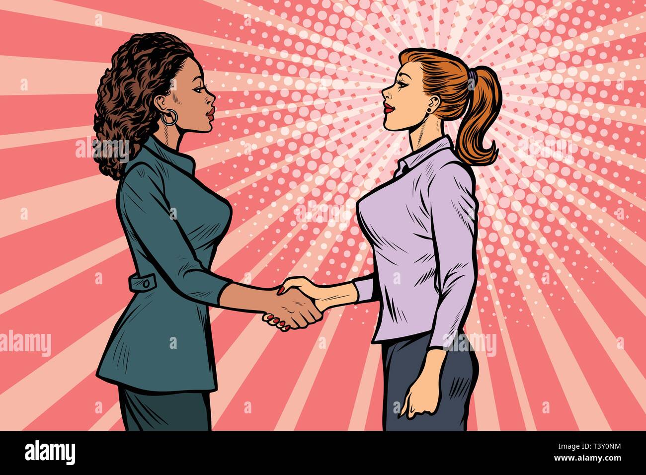 Two businesswomen shaking hands. Pop art retro vector illustration vintage kitsch 50s 60s Illustration de Vecteur