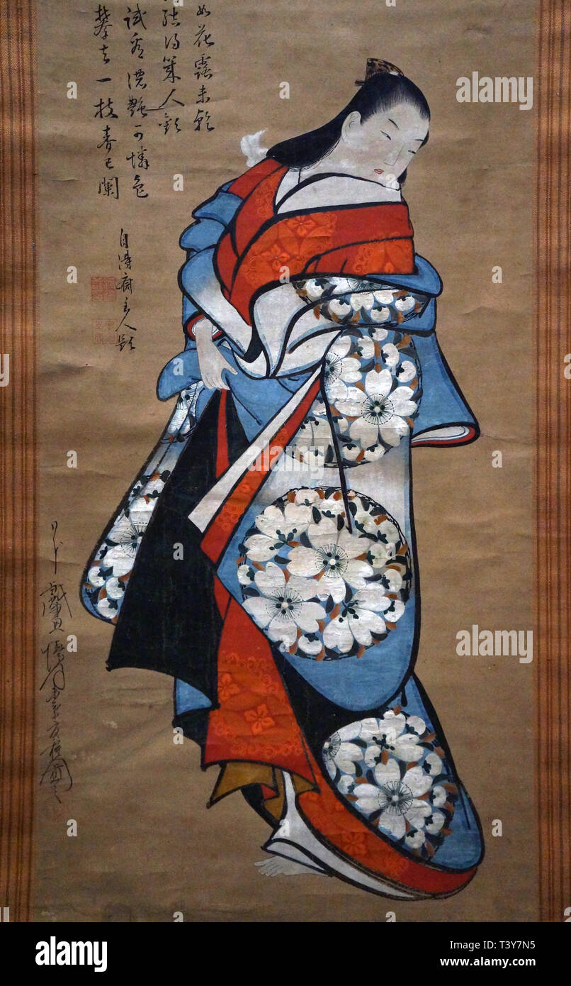 Comité permanent, courtisane Kaigetsudo par Doshu, couleur sur papier, période Edo, 18e siècle Banque D'Images