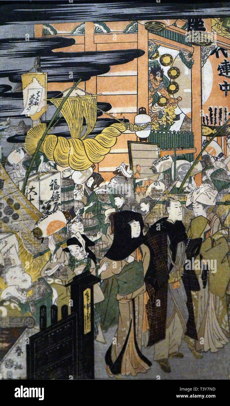 Fin d'année Marché à Asakusa, gravure sur bois, par Shunko Katsukawa, période Edo, 19e siècle Banque D'Images