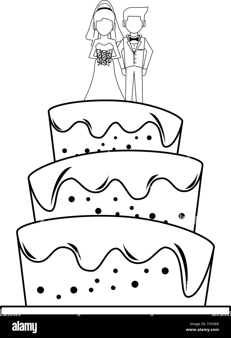 Gateau De Mariage Isoles De Dessin Anime En Noir Et Blanc Image Vectorielle Stock Alamy