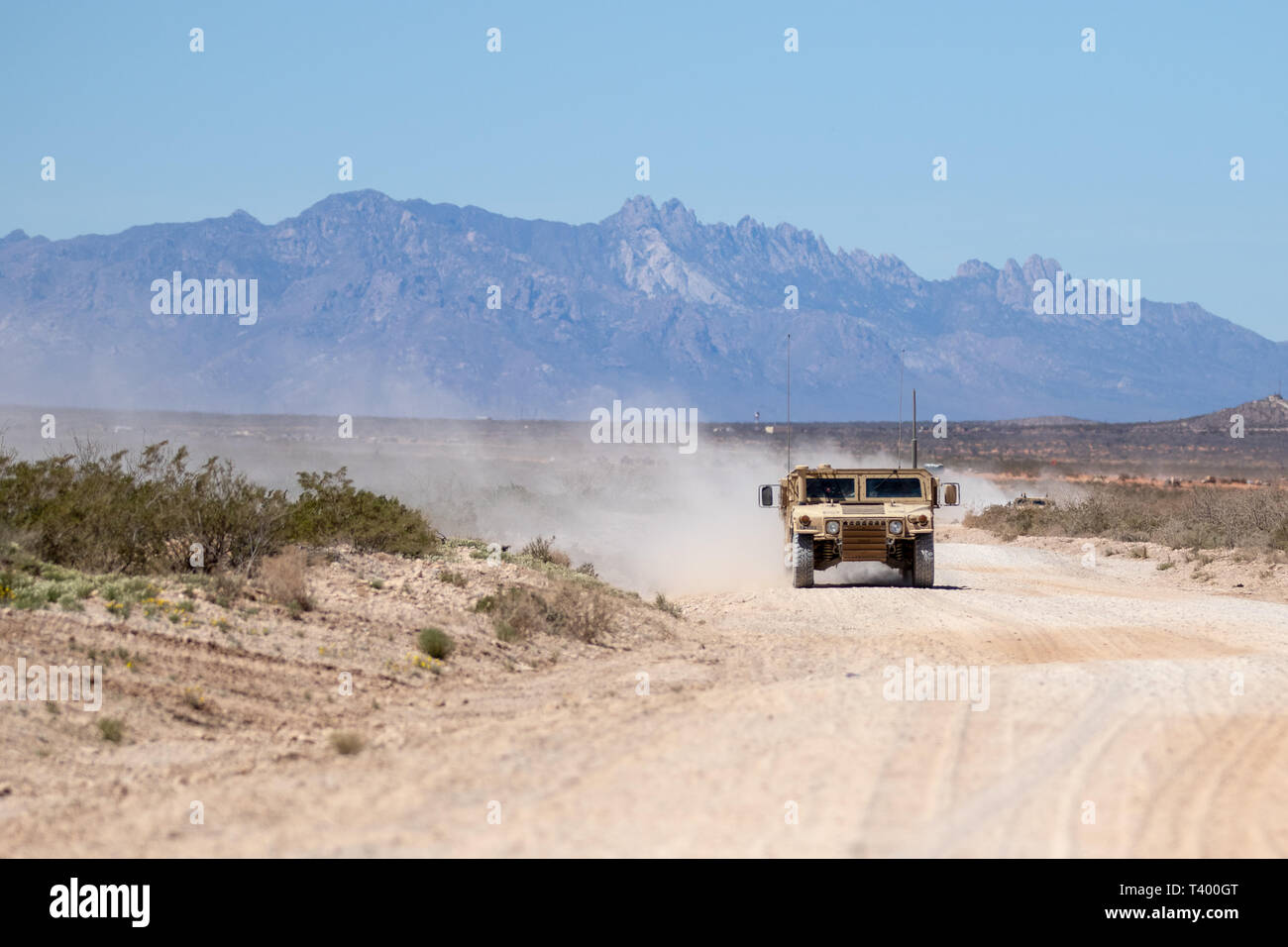 Une grande mobilité sur roues polyvalent véhicule affecté à la 2e Brigade Combat Team, 1re Division blindée de l'avance vers l'emplacement qui leur est désigné au cours de l'effort, l'accent frappe à Orogrande Gamme Camp, N.M., 8 avril 2019. Grève Focus est un multi-facettes et exercice d'entraînement d'une semaine combinant les nombreux aspects opérationnels d'une brigade combat team dans une opération cohérente mettant la létalité, et préparation d'opérabilité. (U.S. Photo de l'armée par la CPS. Matthew J. Marcellus) Banque D'Images