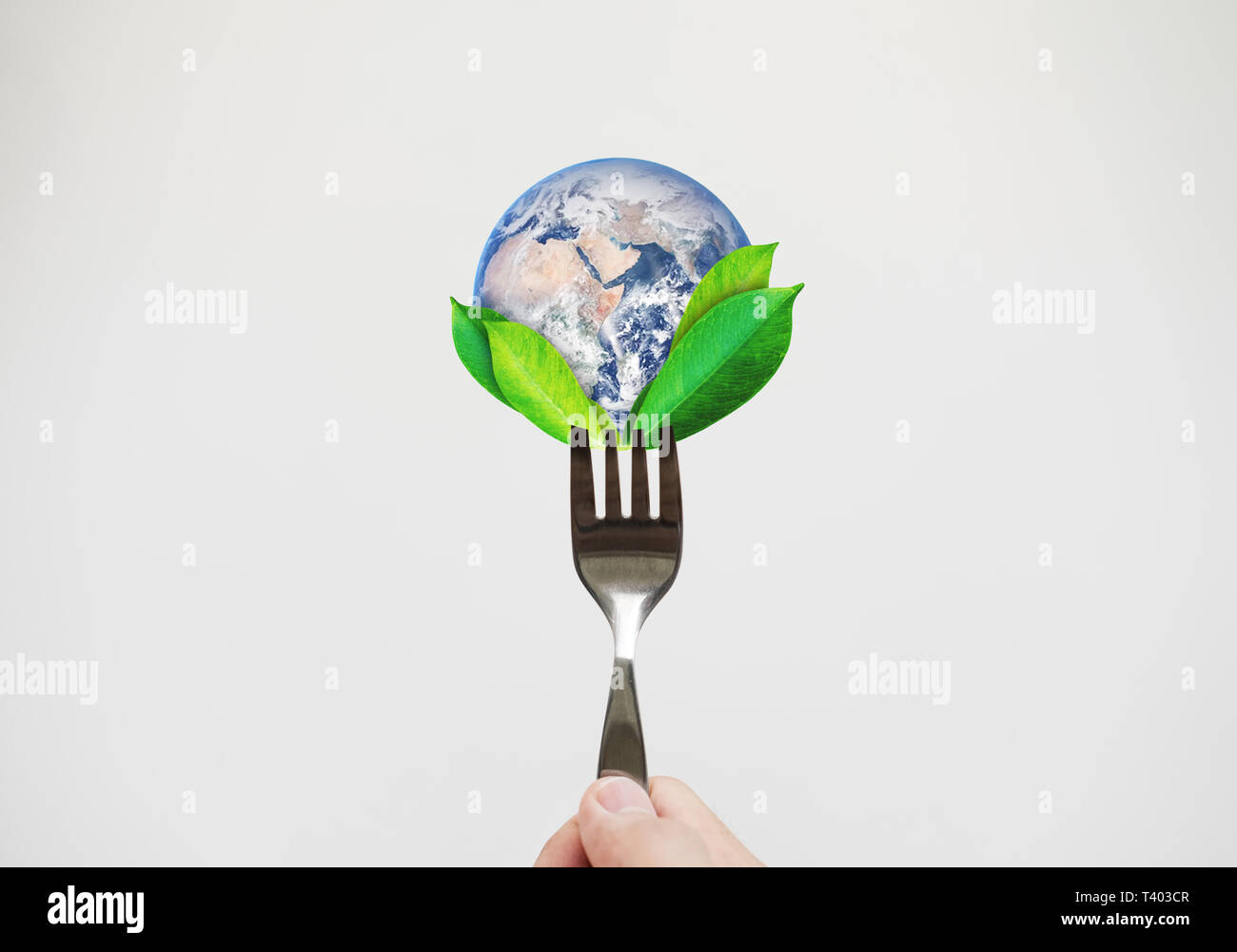 Les aliments, l'environnement vert concept. Tenir la main avec des feuilles de fourche et du globe. Élément de cette image sont meublées par la NASA Banque D'Images