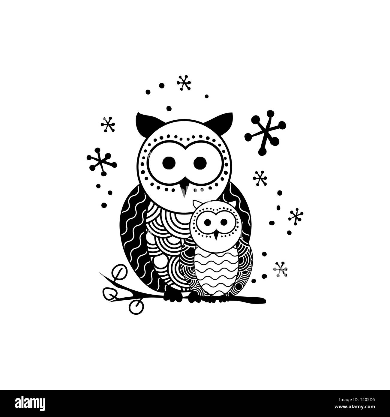 Vector illustration silhouette stylisée owl. Oiseau de Nuit noir et blanc clipart dessinés à la main. La mère et l'enfant les hiboux ornate dessin. Doodle Abstrait Animaux sauvages. Élément de design monochrome isolé Illustration de Vecteur Vector illustration silhouette stylisée owl. Oiseau de Nuit noir et blanc clipart dessinés à la main. La mère et l'enfant les hiboux ornate dessin. Doodle Abstrait Animaux sauvages. Élément de design monochrome isolé Illustration de Vecteur
