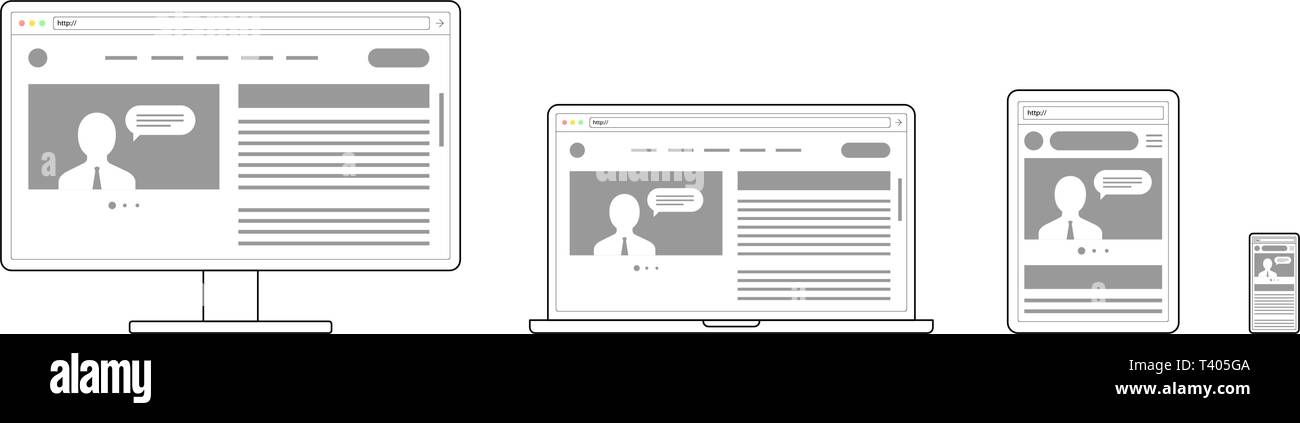 Adaptive web design réactif. Ouvrir site Web sur différents périphériques. Moniteur PC Ordinateur, Ordinateur portable, tablette, smartphone mobile. Télévision moderne minimaliste di Illustration de Vecteur