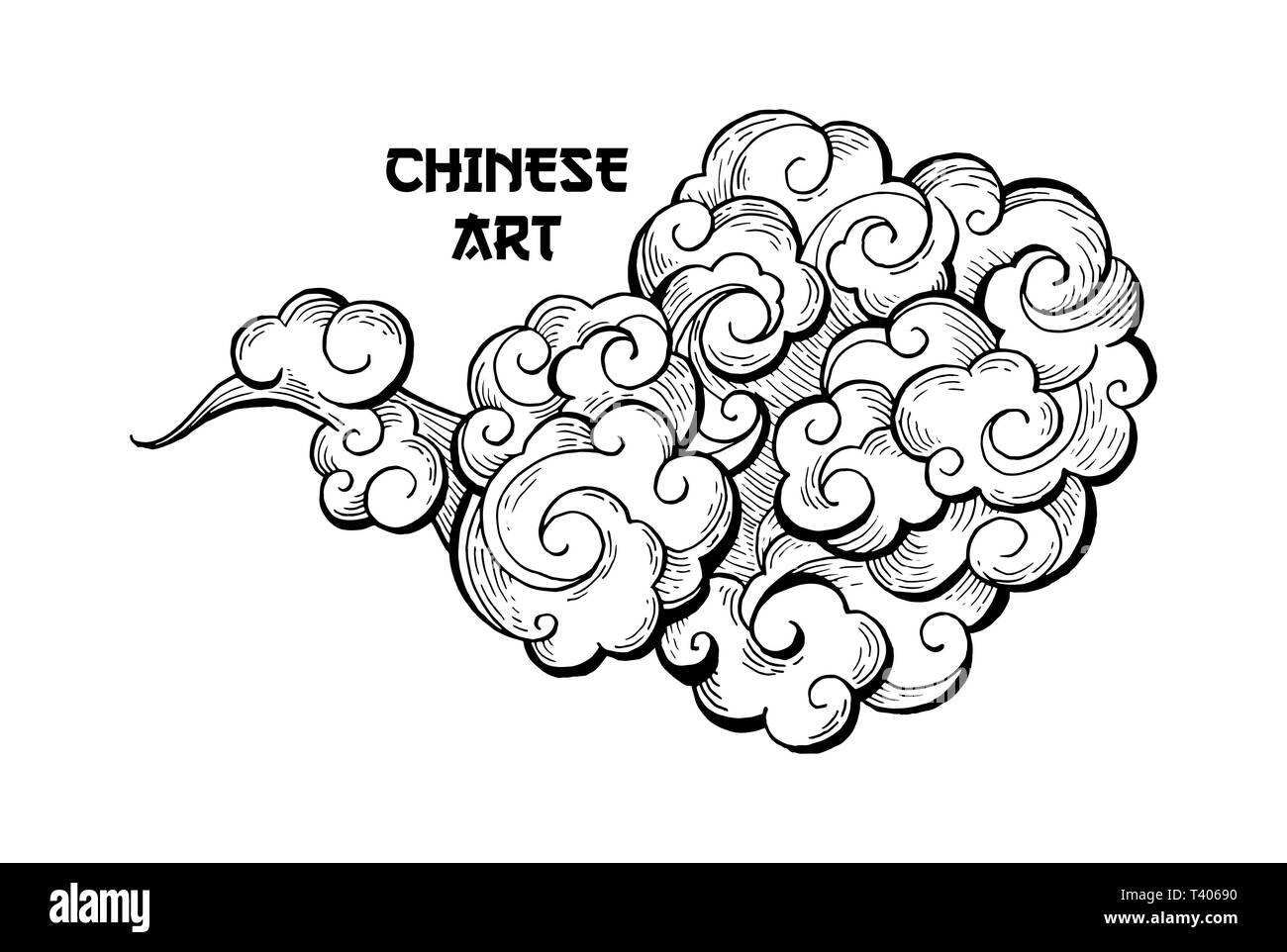 Nuages hand drawn vector illustration. Stylo encre Overcloud croquis. Noir et blanc fumée abstract clipart. Chinese art dessin avec lettrage. Vent qui souffle. Carte postale de l'élément de design monochrome isolé Illustration de Vecteur