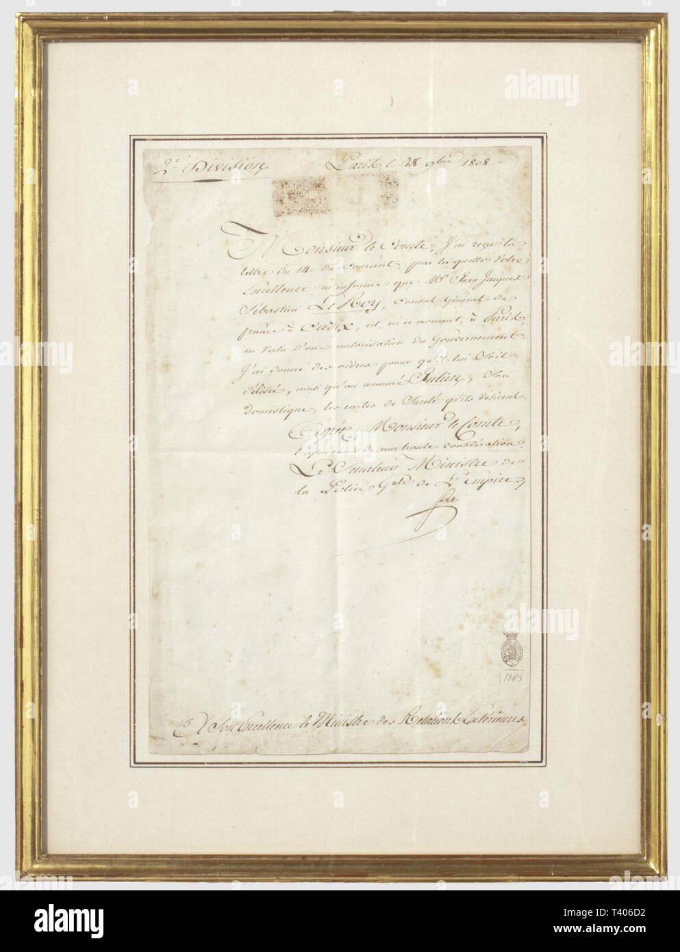 Cachet Humide DIRECTOIRE-CONSULAT-EMPIRE 1795-1814, Lettre signée par Fouché, en sa ...