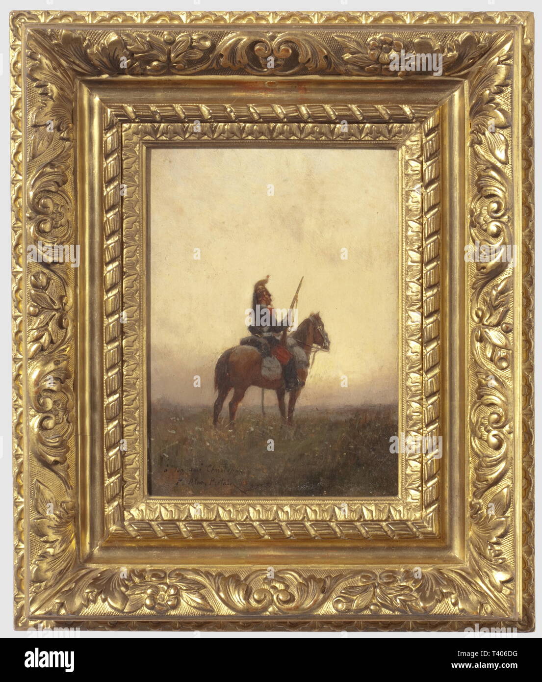 SECONDE RÉPUBLIQUE ET SECOND EMPIRE, 1848-1870 Huile sur bois du peintre Paul Alexandre Protais, représentant un cuirassier en vedette, période du Second Empire français. L'œuvre montre un cuirassier à cheval, présenté au milieu d'un pré, de trois quart arrière, l'homme est en faction lors d'une grande garde, il porte le mousqueton chargé, la crosse appuyée sur la cuisse droite, prêt à faire feu. Le ciel orangé peut situer cette scène à l'aube. Tableau signé en bas à gauche "A mon ami Christian, P. Alexandre Protais', au dos du cadre, copie du copyright de l'artiste, curric n'a pas à être effacée Banque D'Images