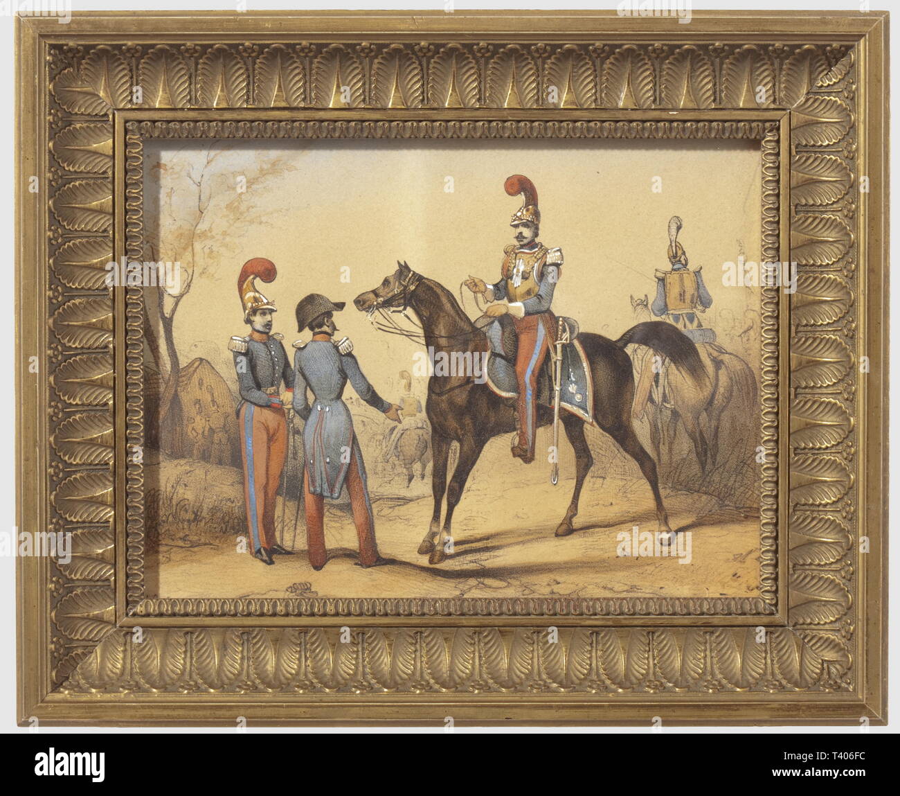 SECONDE RÉPUBLIQUE ET SECOND EMPIRE, 1848-1870 dessin aquarellé représentant un groupe de carabiniers, période 1848 - 1852. La troupe de cavalier de l'ONU est présenté à cheval, en grande tenue, l'un des deux soldats est en tenue de ville (en bicorne) et l'autre en tenue de service à pied. En arrière-plan, juste esquissé, on voit deux autres cavaliers présentés à cheval et de dos. Au fond à droite, sur l'apercoit le drapeau du régiment surmonté de la sphère et du coq. Ce dessin rappelle le style du peintre militaire Charlet. L'Ensemble en très bon état, présenté sous verre, l'artiste n'a pas d'auteur pour être effacé Banque D'Images