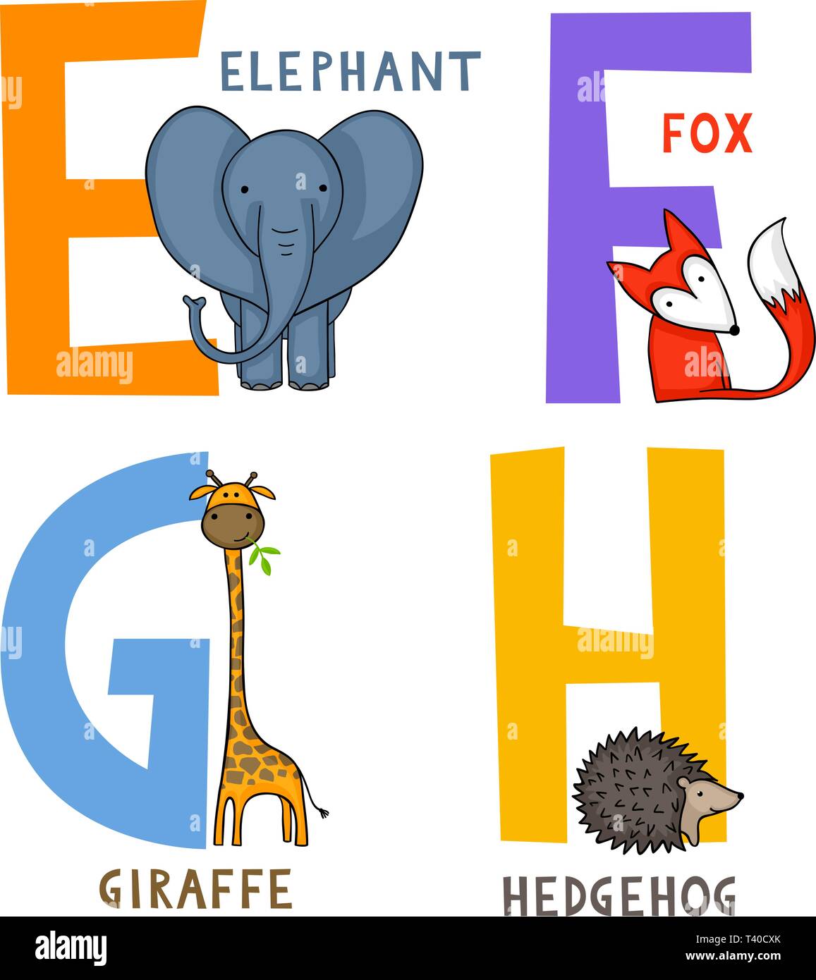 Alphabet des animaux anglais E, F, G et H lettres avec cute cartoon elephant, Fox, la girafe et l'hérisson Illustration de Vecteur