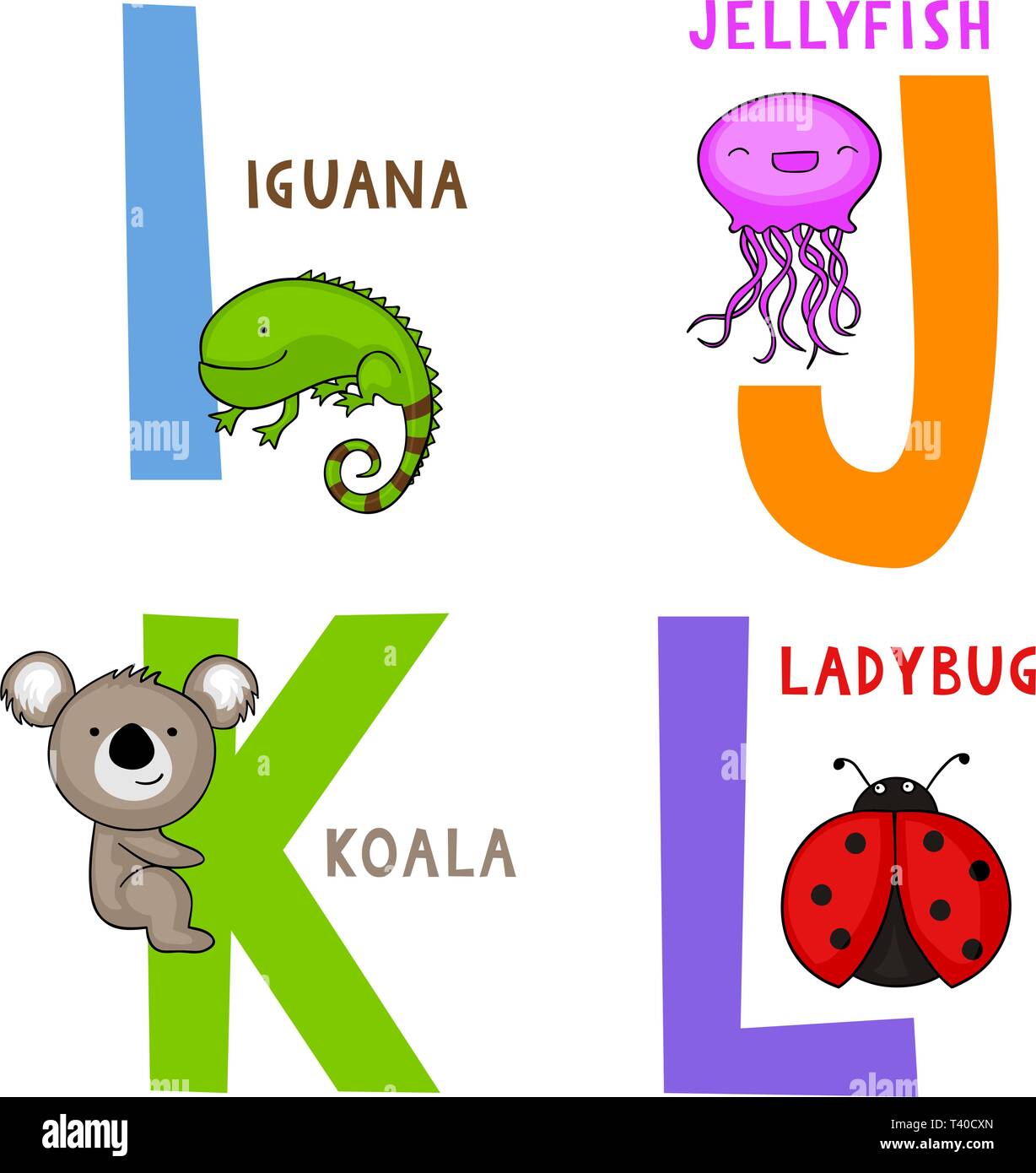 Alphabet des animaux anglais I, J, K et L des lettres avec cute cartoon iguane, méduses, koala et ladybug Illustration de Vecteur