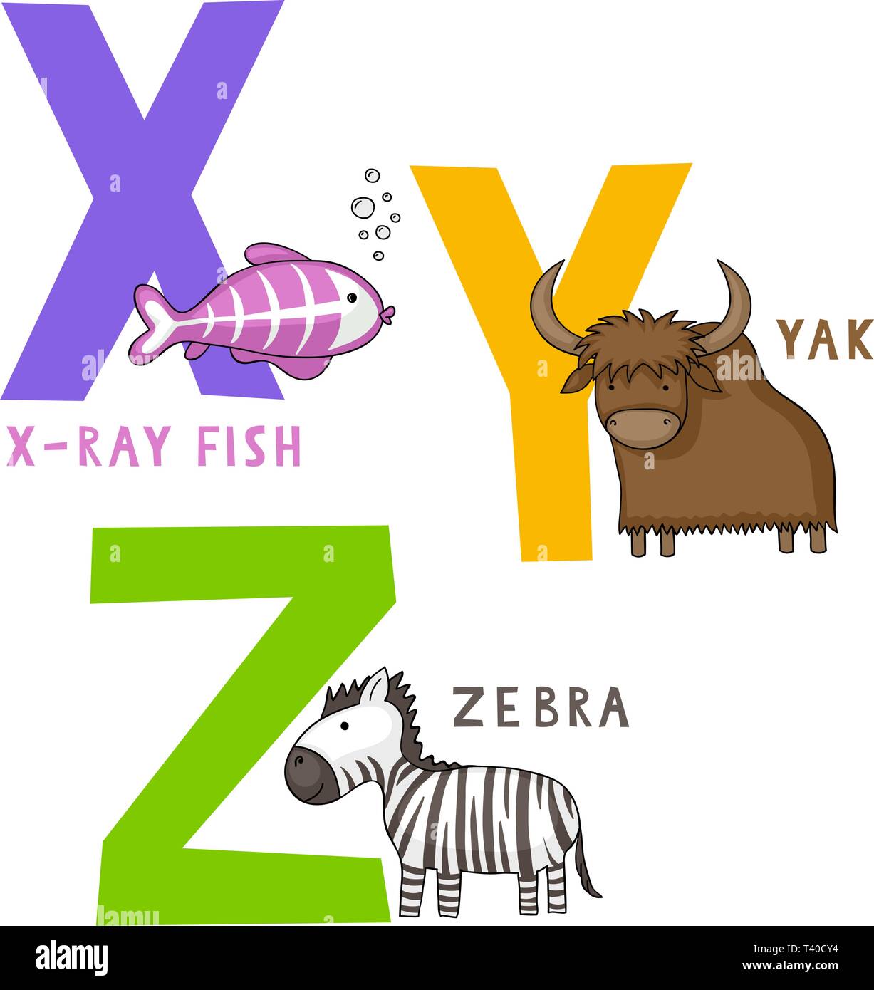 Alphabet des animaux anglais X, Y et Z des lettres avec cute cartoon x-ray, le poisson zèbre et yak Illustration de Vecteur