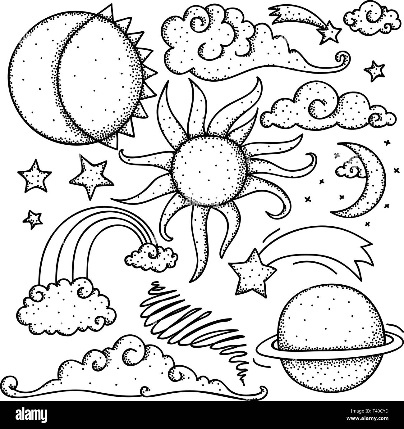 Collection d'éléments célestes, soleil, lune, étoiles, arc-en-ciel et nuages. Illustration de Vecteur