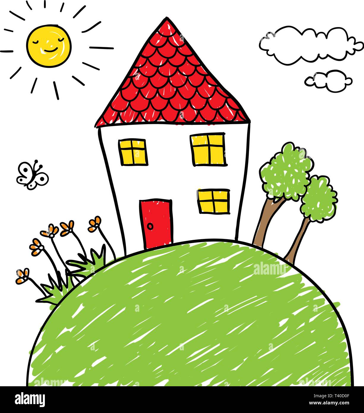 Maison de style de dessins d'enfants d'arbres et de fleurs sur une colline. Pour placer votre texte. Illustration de Vecteur