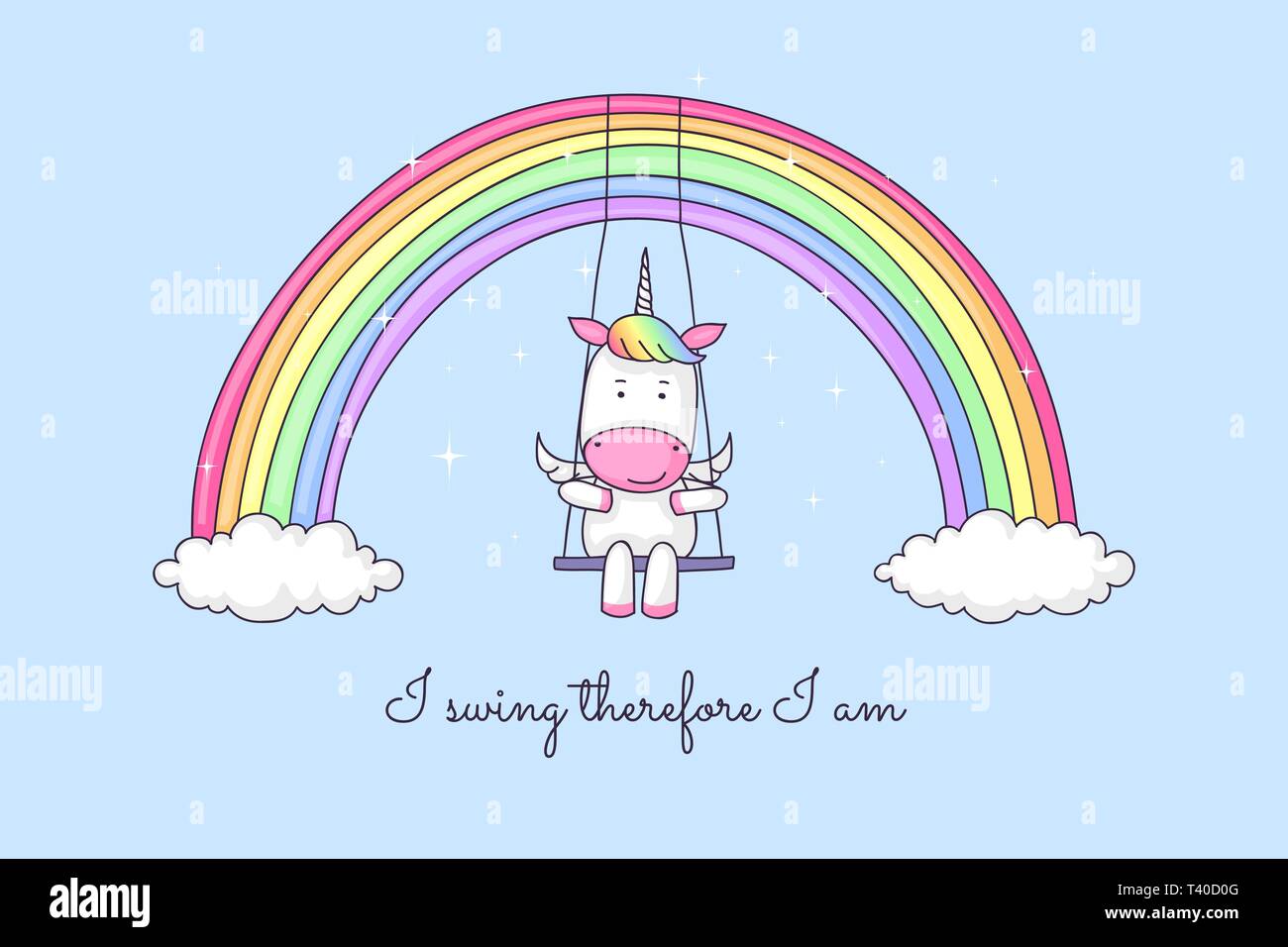 Cute cartoon oscillante unicorn sur un arc-en-ciel, avec un drôle de citer la preuve il existe des licornes Illustration de Vecteur