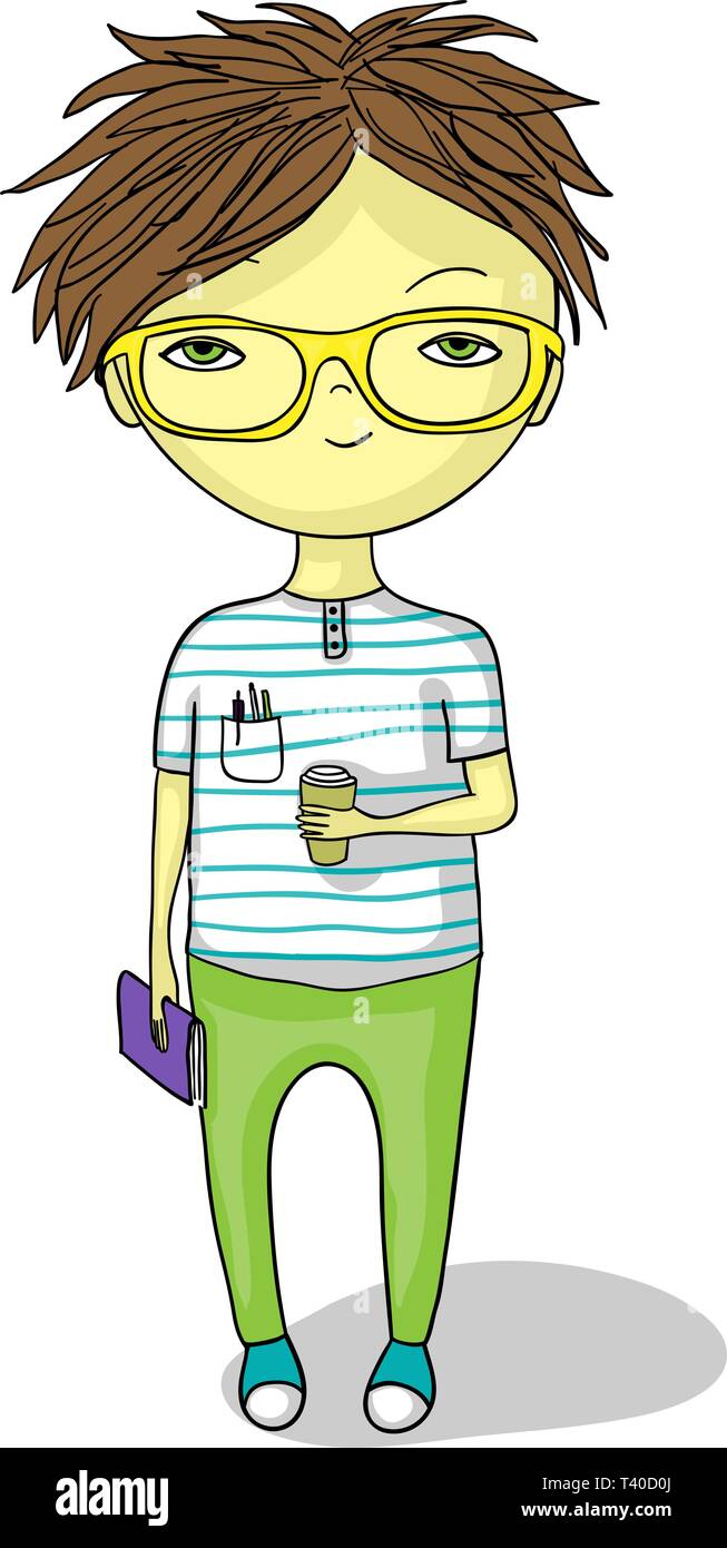 Cute cartoon de hipster kid holding un ordinateur portable et une tasse de café. Les verres peuvent être facilement enlevé. Illustration de Vecteur