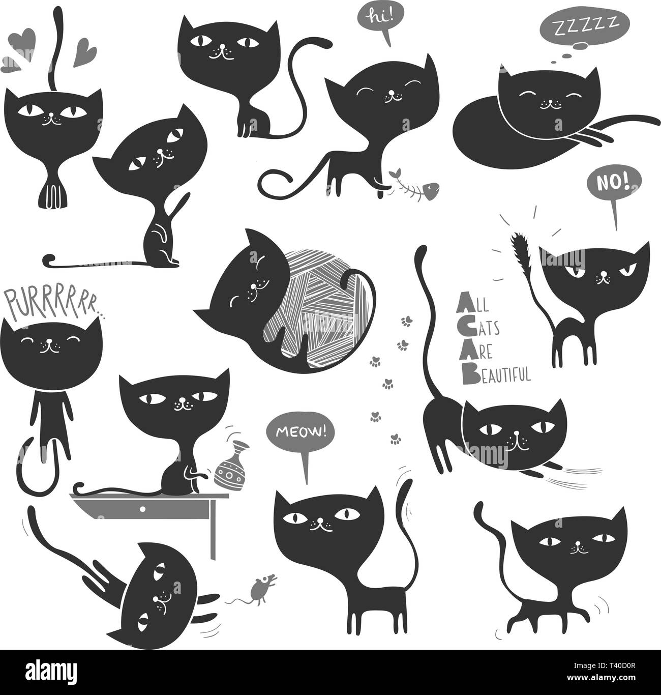 Collection de 13 chats espiègles et mignons dans différentes positions Illustration de Vecteur