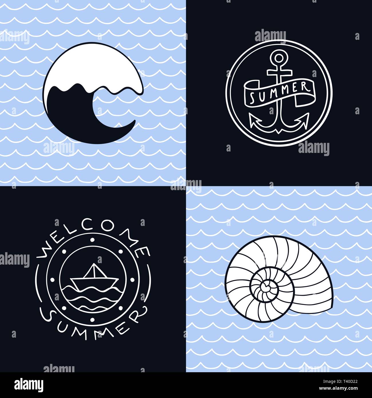 Quatre mignons petits icônes d'été axés sur la mer avec lettrage et fond de mer transparente Illustration de Vecteur