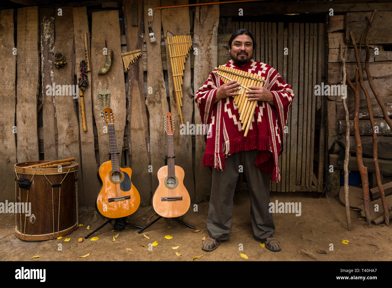 Musicien José Otaiza, en face de sa maison ancestrale. Il est la moitié des Indiens Mapuche et consacré sa vie adulte à la préservation de ses racines culturelles Banque D'Images Musicien José Otaiza, en face de sa maison ancestrale. Il est la moitié des Indiens Mapuche et consacré sa vie adulte à la préservation de ses racines culturelles Banque D'Images