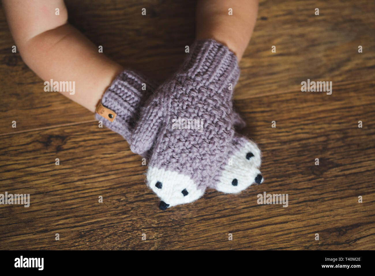 Les mains de l'enfant en hiver moufles hérisson sur fond de bois Photo  Stock - Alamy