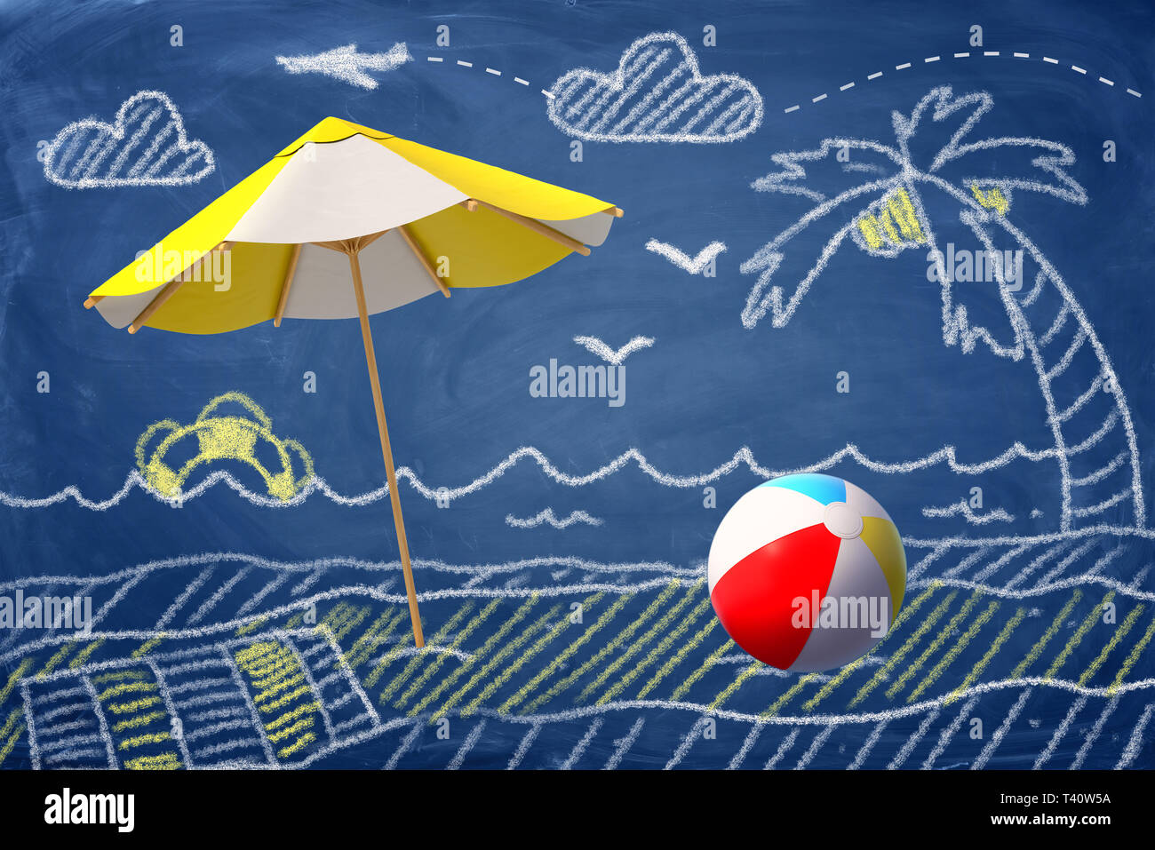 Le Rendu 3d D Un Parasol Et D Un Ballon De Plage Contre Un Dessin A La Craie D Une Plage Palmier Et De La Mer Photo Stock Alamy