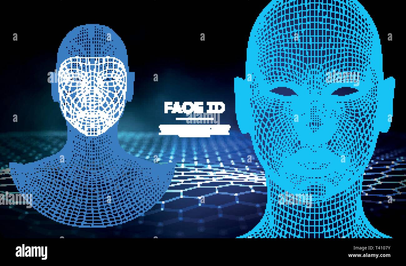 Les yeux bleus du robot android avec plus d'iris et pupille. Concept de reconnaissance faciale avec capteur et faire face à l'identité. Numérisation 3D. Illustration de Vecteur