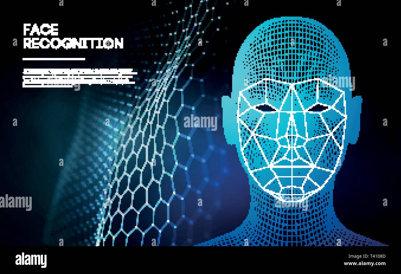 Les yeux bleus du robot android avec plus d'iris et pupille. Concept de reconnaissance faciale avec capteur et faire face à l'identité. Numérisation 3D. Illustration de Vecteur