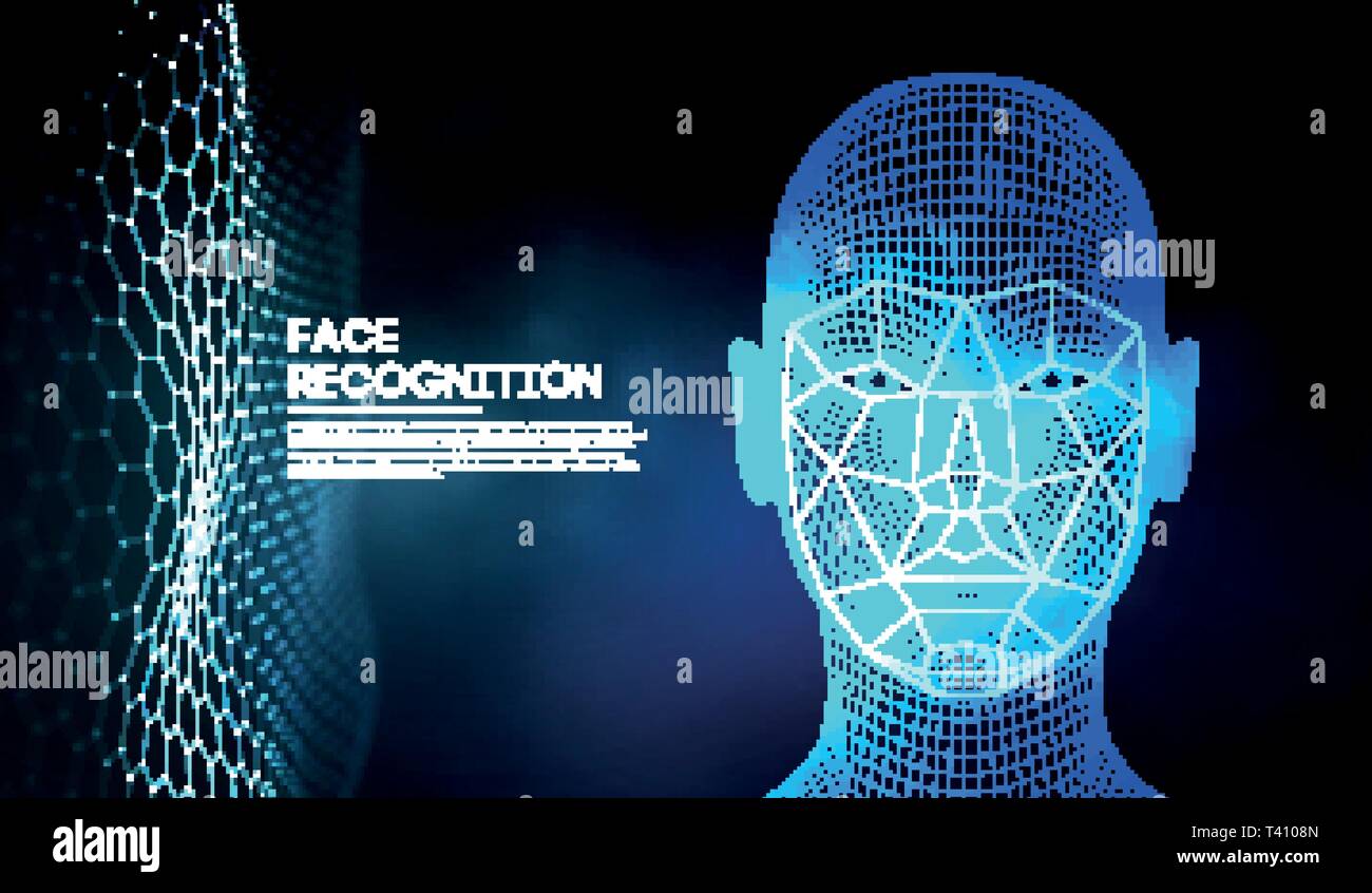 Les yeux bleus du robot android avec plus d'iris et pupille. Concept de reconnaissance faciale avec capteur et faire face à l'identité. Numérisation 3D. Illustration de Vecteur