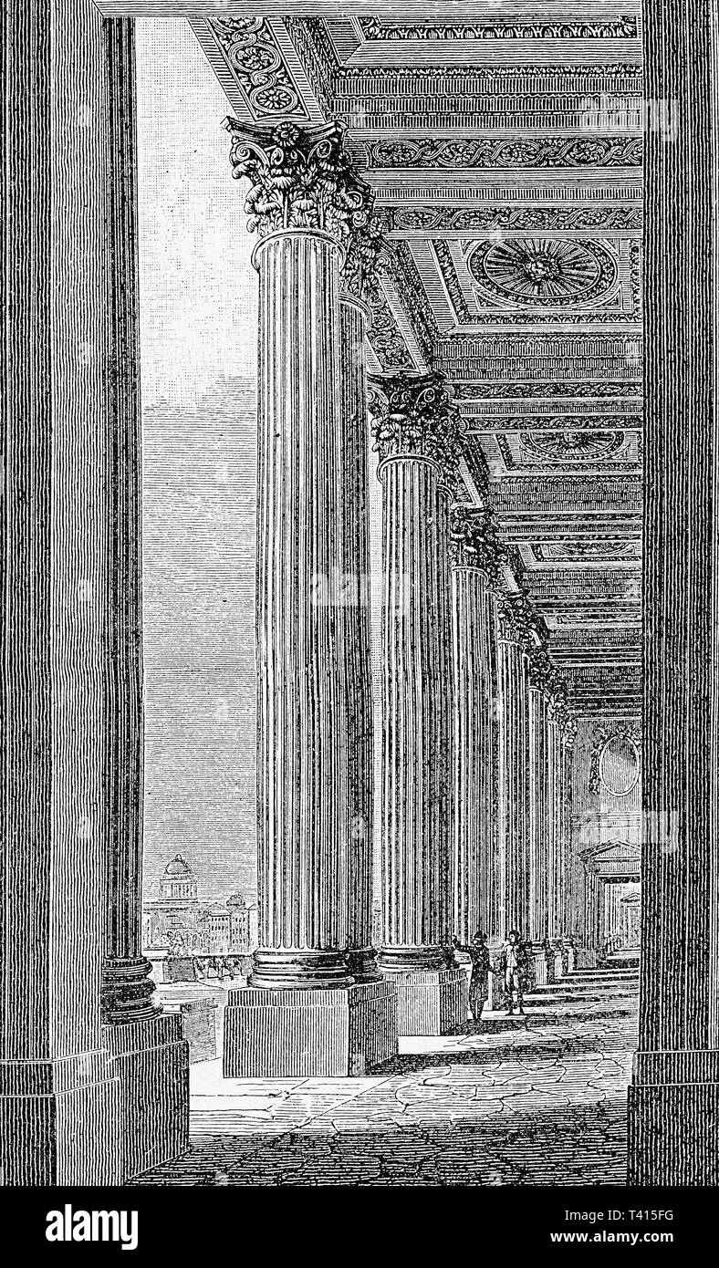Paris - Détail de la colonnade du Louvre palais construit dans le style Renaissance d'une ancienne gravure. Le Louvre, ancien palais royal, est devenue un musée à la fin du 18e siècle. Banque D'Images