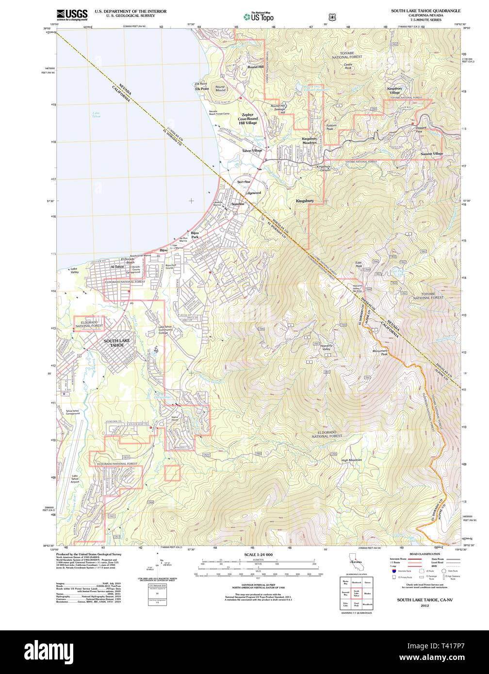 Carte TOPO USGS CA CALIFORNIE South Lake Tahoe 20120523 Restauration TM Banque D'Images