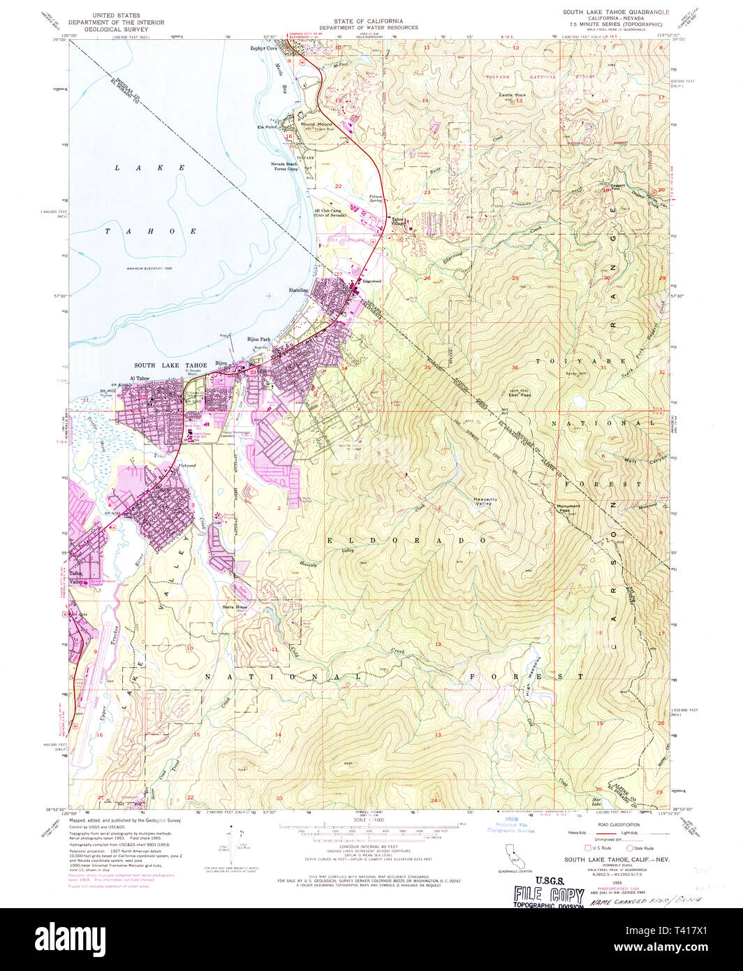 Carte TOPO USGS CA CALIFORNIE South Lake Tahoe 3006201955 24000 Restauration Banque D'Images