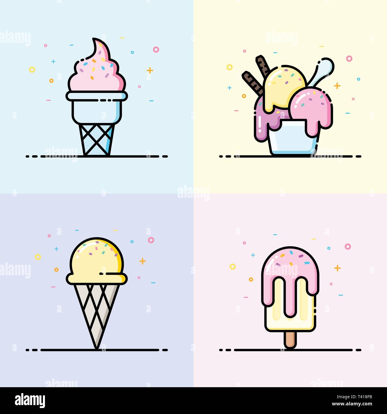 La crème glacée icon collection dans des tons pastels. Logo Cute ice cream en ligne plate style pour les médias sociaux de l'été et de l'affiche, bannière icône de l'application de conception. Illustration de Vecteur
